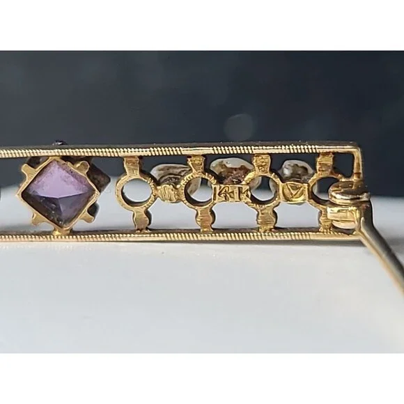 Antique 14K Yellow Gold Amethyst & Natural Pearl Bar Brooch - Picture 5 of 10